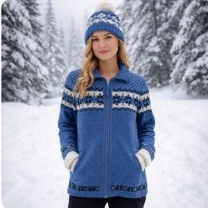 VTG Maurices 100% Shetland Wool Fair Isle Knit Sweater Zip Front Cardigan M Blue